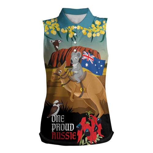 26 January One Proud Aussie Women Sleeveless Polo Shirt Kangaroo and Koala Happy Australia Day