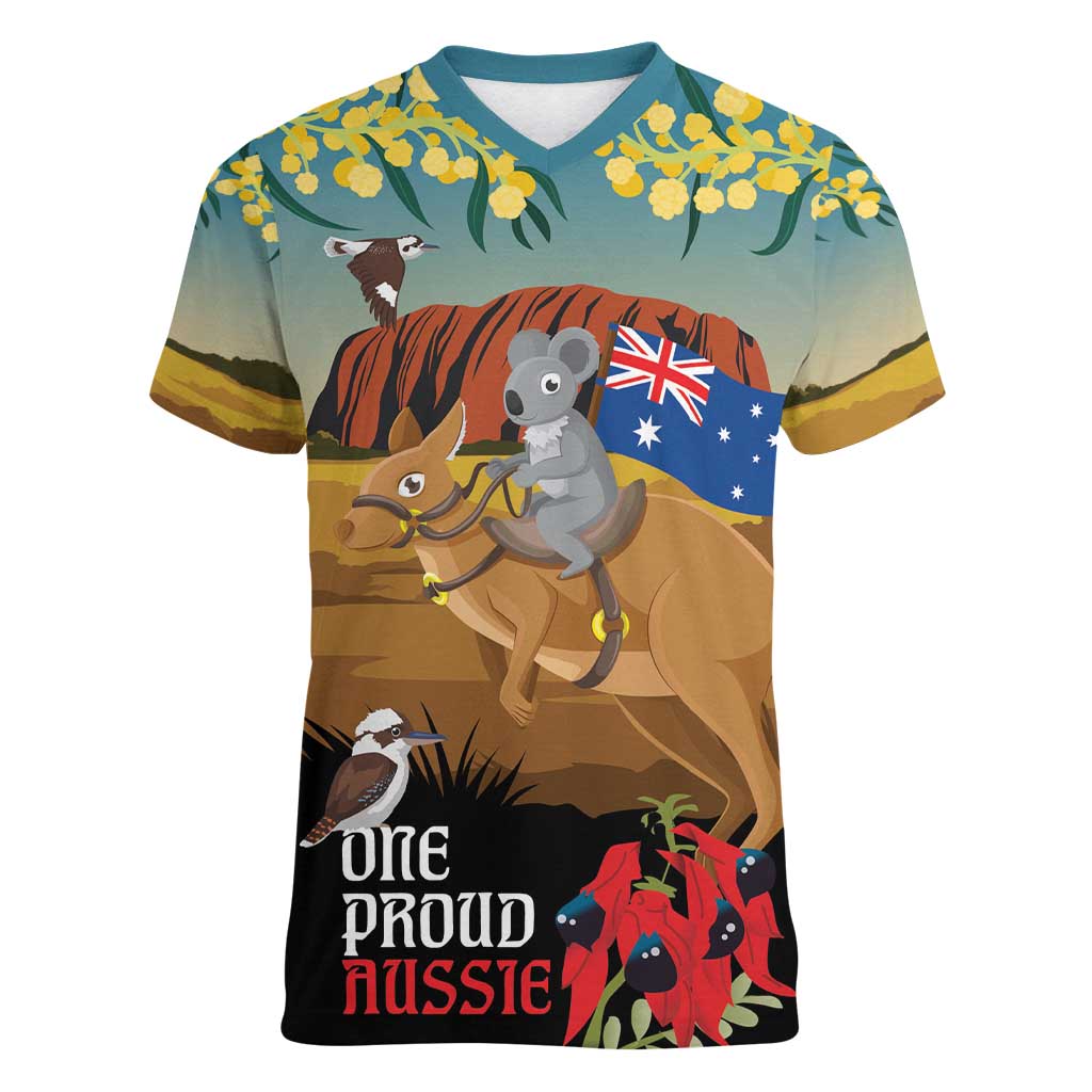 26 January One Proud Aussie Women V-Neck T-Shirt Kangaroo and Koala Happy Australia Day