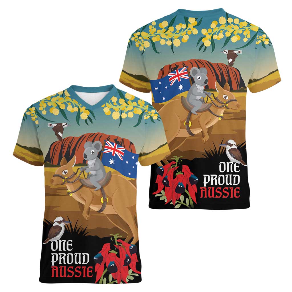 26 January One Proud Aussie Women V-Neck T-Shirt Kangaroo and Koala Happy Australia Day