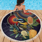 Aussie Honeyeaters Banksia Flowers Beach Blanket Aboriginal Dots Painting