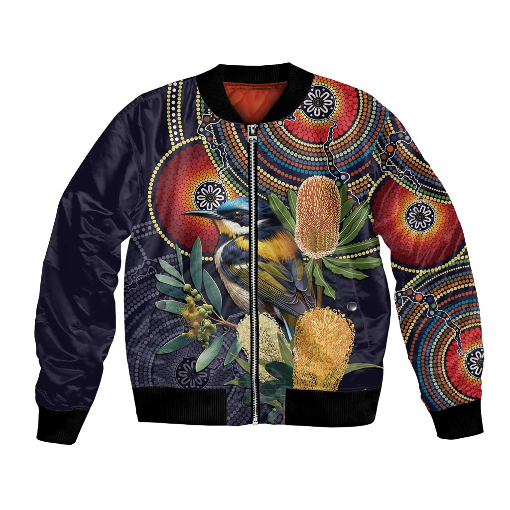 Aussie Honeyeaters Banksia Flowers Bomber Jacket Aboriginal Dots Painting