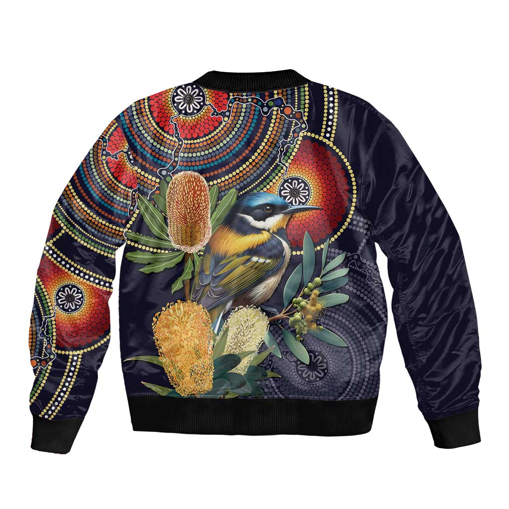 Aussie Honeyeaters Banksia Flowers Bomber Jacket Aboriginal Dots Painting
