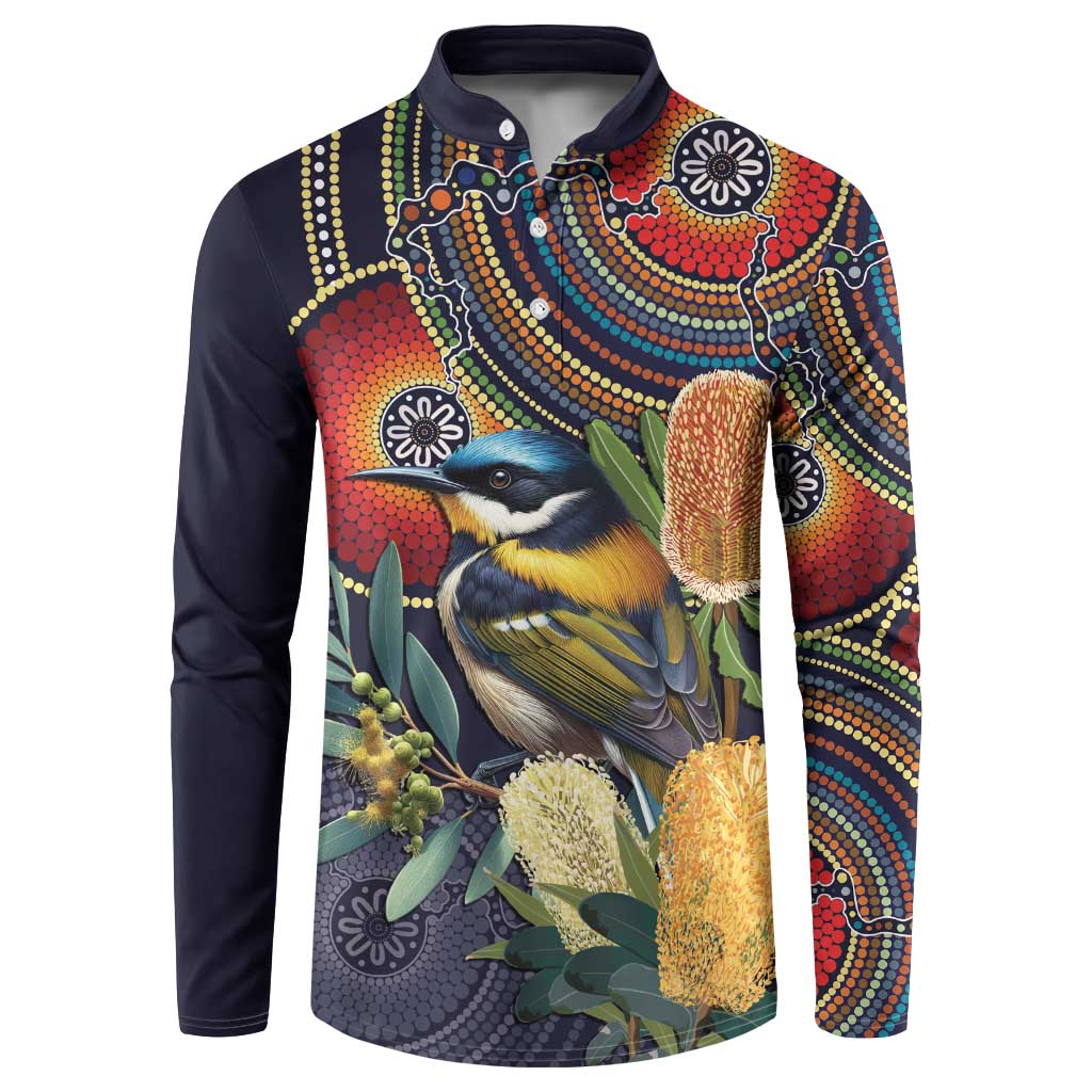 Aussie Honeyeaters Banksia Flowers Button Sweatshirt Aboriginal Dots Painting