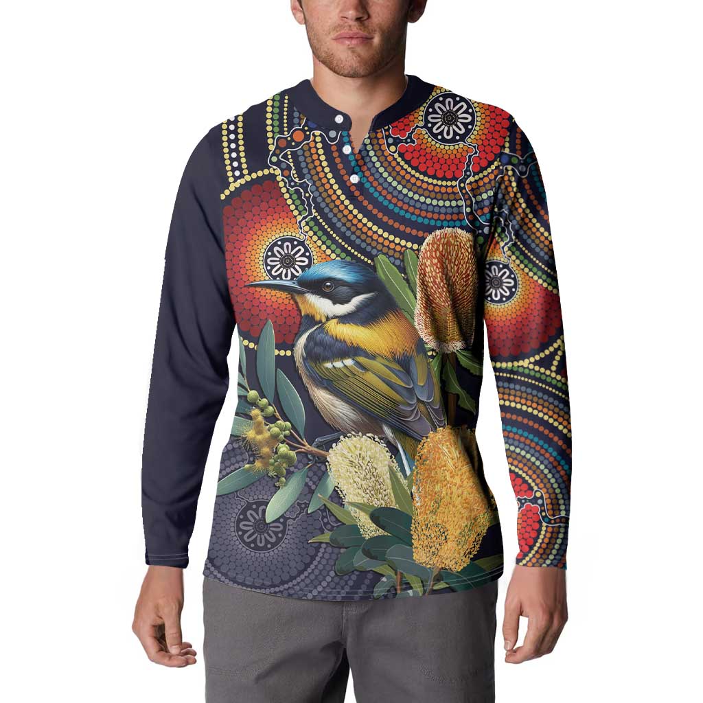 Aussie Honeyeaters Banksia Flowers Button Sweatshirt Aboriginal Dots Painting