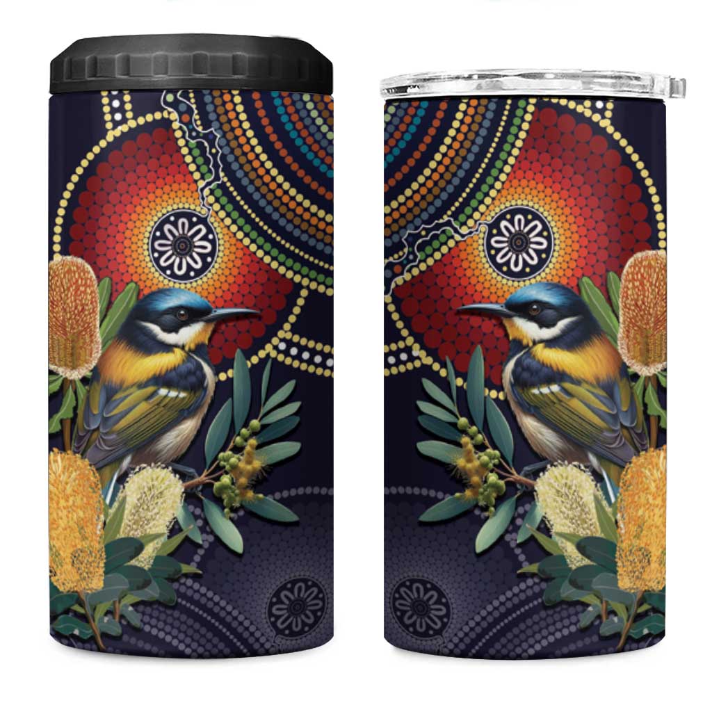 Aussie Honeyeaters Banksia Flowers 4 in 1 Can Cooler Tumbler Aboriginal Dots Painting