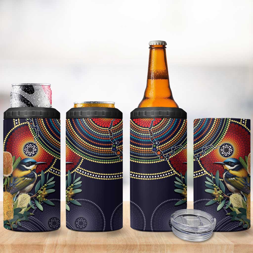 Aussie Honeyeaters Banksia Flowers 4 in 1 Can Cooler Tumbler Aboriginal Dots Painting