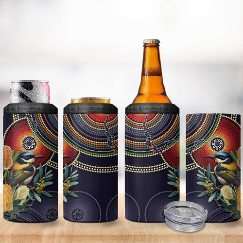 Aussie Honeyeaters Banksia Flowers 4 in 1 Can Cooler Tumbler Aboriginal Dots Painting