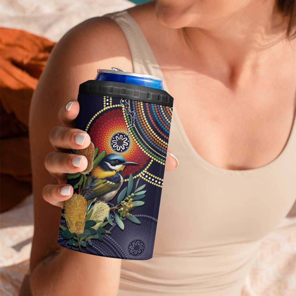 Aussie Honeyeaters Banksia Flowers 4 in 1 Can Cooler Tumbler Aboriginal Dots Painting