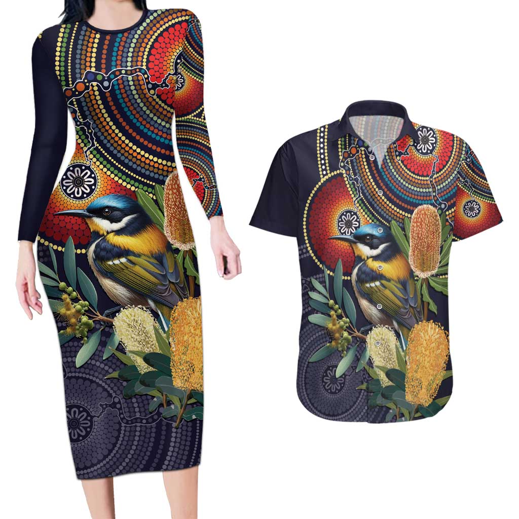Aussie Honeyeaters Banksia Flowers Couples Matching Long Sleeve Bodycon Dress and Hawaiian Shirt Aboriginal Dots Painting