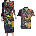 Aussie Honeyeaters Banksia Flowers Couples Matching Long Sleeve Bodycon Dress and Hawaiian Shirt Aboriginal Dots Painting