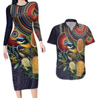 Aussie Honeyeaters Banksia Flowers Couples Matching Long Sleeve Bodycon Dress and Hawaiian Shirt Aboriginal Dots Painting