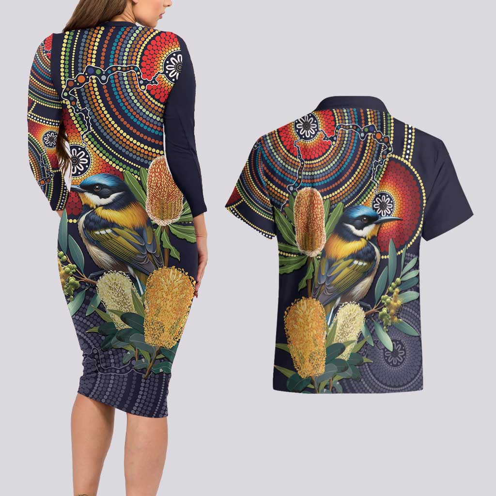 Aussie Honeyeaters Banksia Flowers Couples Matching Long Sleeve Bodycon Dress and Hawaiian Shirt Aboriginal Dots Painting