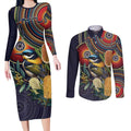 Aussie Honeyeaters Banksia Flowers Couples Matching Long Sleeve Bodycon Dress and Long Sleeve Button Shirt Aboriginal Dots Painting