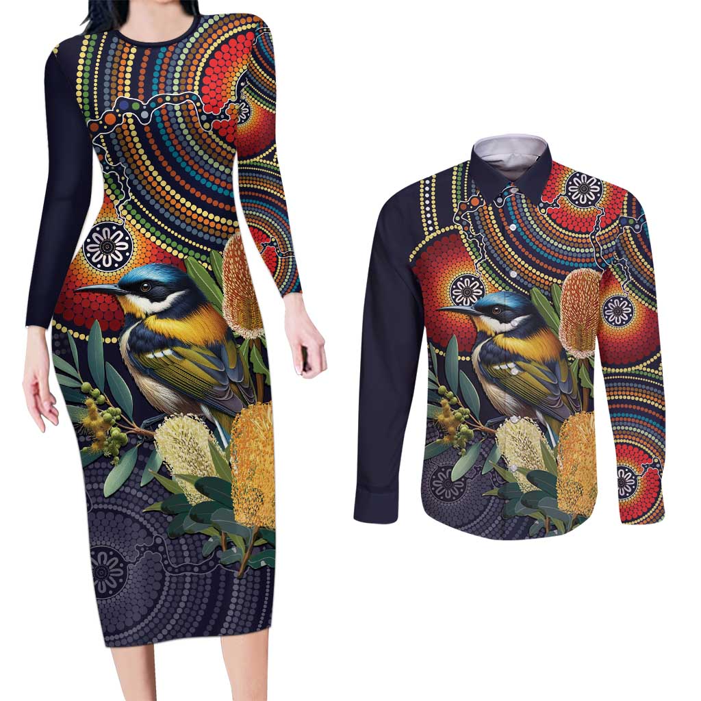 Aussie Honeyeaters Banksia Flowers Couples Matching Long Sleeve Bodycon Dress and Long Sleeve Button Shirt Aboriginal Dots Painting