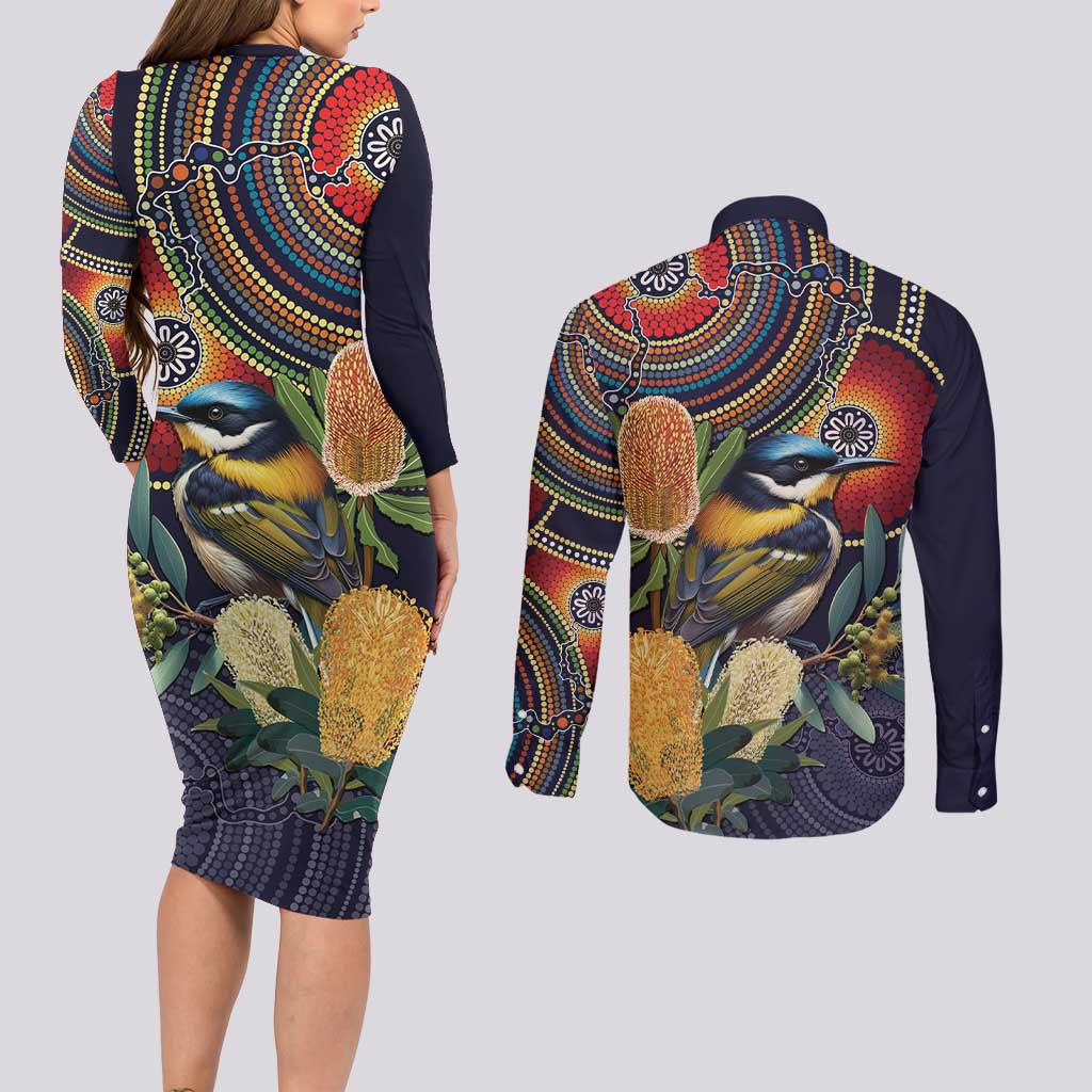 Aussie Honeyeaters Banksia Flowers Couples Matching Long Sleeve Bodycon Dress and Long Sleeve Button Shirt Aboriginal Dots Painting