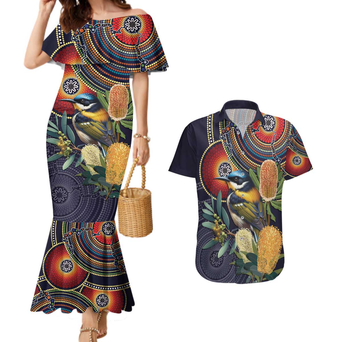 Aussie Honeyeaters Banksia Flowers Couples Matching Mermaid Dress and Hawaiian Shirt Aboriginal Dots Painting