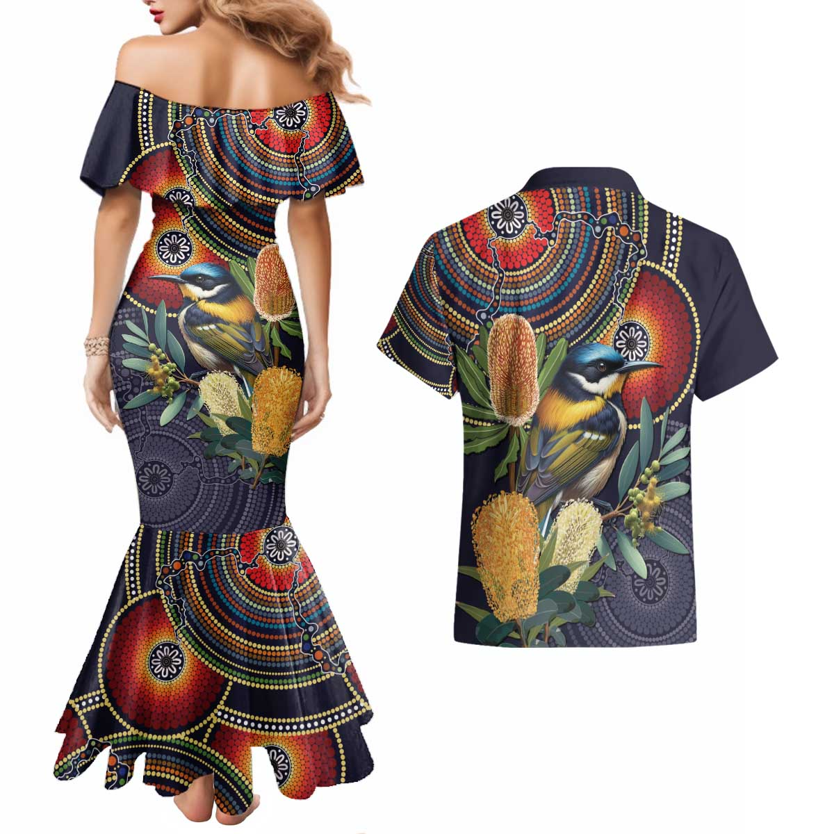 Aussie Honeyeaters Banksia Flowers Couples Matching Mermaid Dress and Hawaiian Shirt Aboriginal Dots Painting