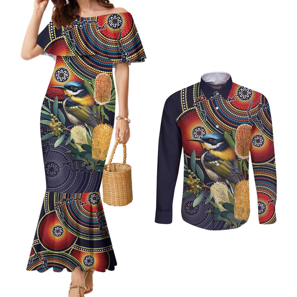 Aussie Honeyeaters Banksia Flowers Couples Matching Mermaid Dress and Long Sleeve Button Shirt Aboriginal Dots Painting
