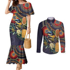 Aussie Honeyeaters Banksia Flowers Couples Matching Mermaid Dress and Long Sleeve Button Shirt Aboriginal Dots Painting