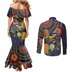 Aussie Honeyeaters Banksia Flowers Couples Matching Mermaid Dress and Long Sleeve Button Shirt Aboriginal Dots Painting