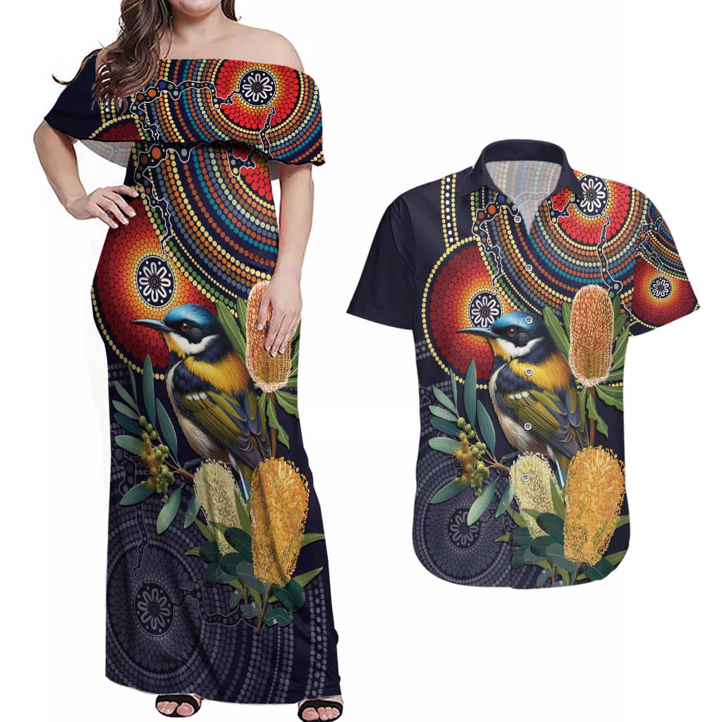 Aussie Honeyeaters Banksia Flowers Couples Matching Off Shoulder Maxi Dress and Hawaiian Shirt Aboriginal Dots Painting