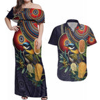 Aussie Honeyeaters Banksia Flowers Couples Matching Off Shoulder Maxi Dress and Hawaiian Shirt Aboriginal Dots Painting