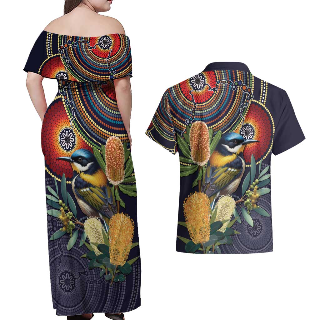 Aussie Honeyeaters Banksia Flowers Couples Matching Off Shoulder Maxi Dress and Hawaiian Shirt Aboriginal Dots Painting