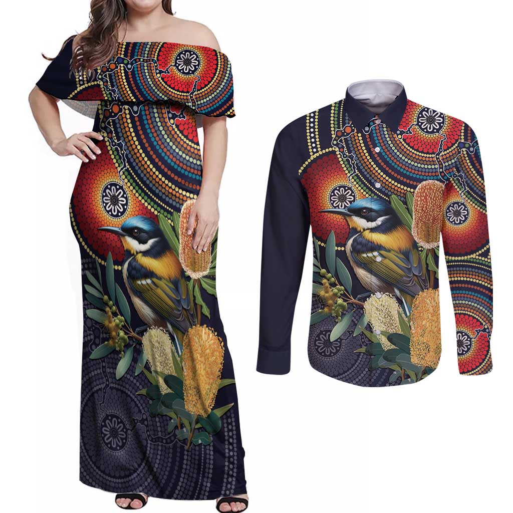 Aussie Honeyeaters Banksia Flowers Couples Matching Off Shoulder Maxi Dress and Long Sleeve Button Shirt Aboriginal Dots Painting