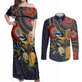 Aussie Honeyeaters Banksia Flowers Couples Matching Off Shoulder Maxi Dress and Long Sleeve Button Shirt Aboriginal Dots Painting