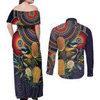 Aussie Honeyeaters Banksia Flowers Couples Matching Off Shoulder Maxi Dress and Long Sleeve Button Shirt Aboriginal Dots Painting