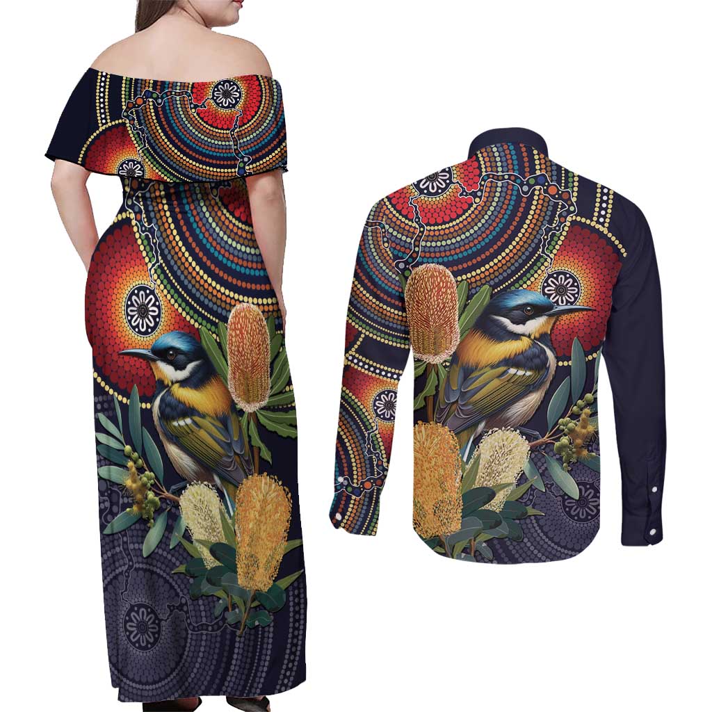 Aussie Honeyeaters Banksia Flowers Couples Matching Off Shoulder Maxi Dress and Long Sleeve Button Shirt Aboriginal Dots Painting