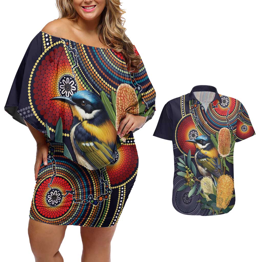 Aussie Honeyeaters Banksia Flowers Couples Matching Off Shoulder Short Dress and Hawaiian Shirt Aboriginal Dots Painting