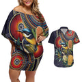 Aussie Honeyeaters Banksia Flowers Couples Matching Off Shoulder Short Dress and Hawaiian Shirt Aboriginal Dots Painting
