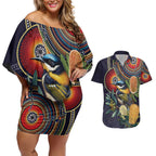 Aussie Honeyeaters Banksia Flowers Couples Matching Off Shoulder Short Dress and Hawaiian Shirt Aboriginal Dots Painting