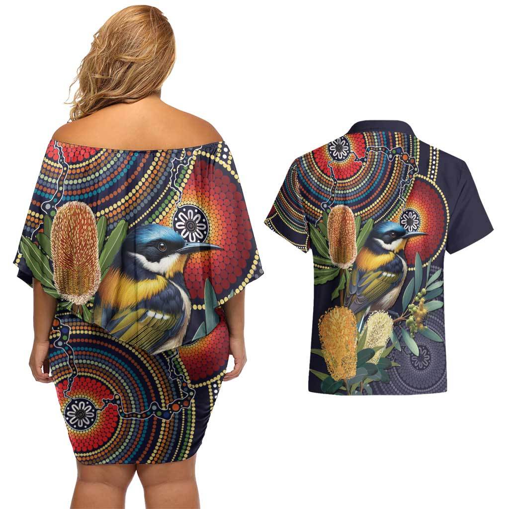 Aussie Honeyeaters Banksia Flowers Couples Matching Off Shoulder Short Dress and Hawaiian Shirt Aboriginal Dots Painting