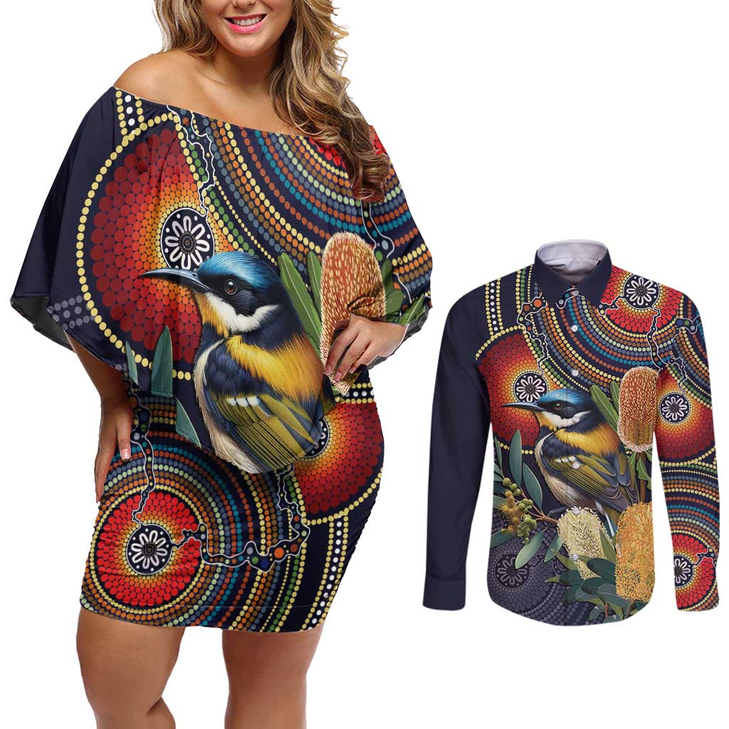 Aussie Honeyeaters Banksia Flowers Couples Matching Off Shoulder Short Dress and Long Sleeve Button Shirt Aboriginal Dots Painting