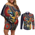 Aussie Honeyeaters Banksia Flowers Couples Matching Off Shoulder Short Dress and Long Sleeve Button Shirt Aboriginal Dots Painting
