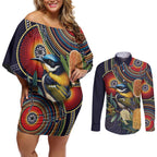 Aussie Honeyeaters Banksia Flowers Couples Matching Off Shoulder Short Dress and Long Sleeve Button Shirt Aboriginal Dots Painting