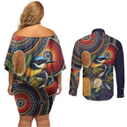 Aussie Honeyeaters Banksia Flowers Couples Matching Off Shoulder Short Dress and Long Sleeve Button Shirt Aboriginal Dots Painting