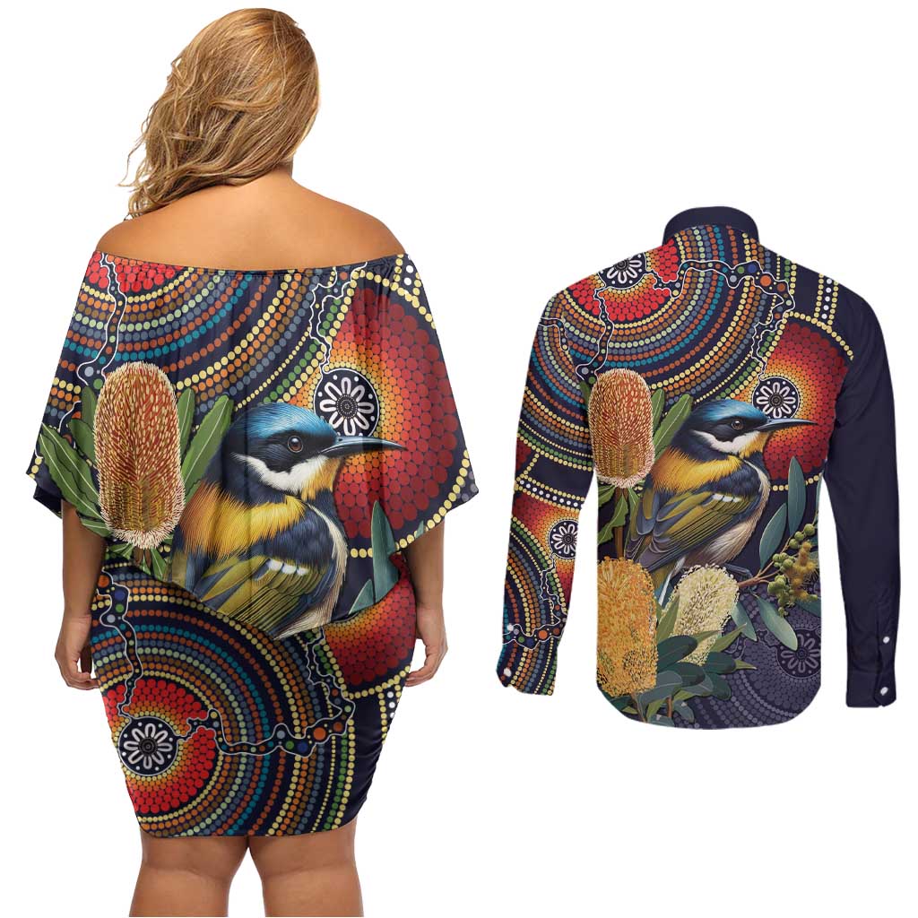 Aussie Honeyeaters Banksia Flowers Couples Matching Off Shoulder Short Dress and Long Sleeve Button Shirt Aboriginal Dots Painting