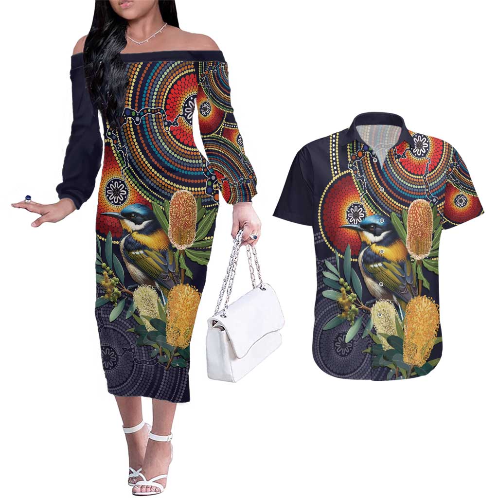 Aussie Honeyeaters Banksia Flowers Couples Matching Off The Shoulder Long Sleeve Dress and Hawaiian Shirt Aboriginal Dots Painting