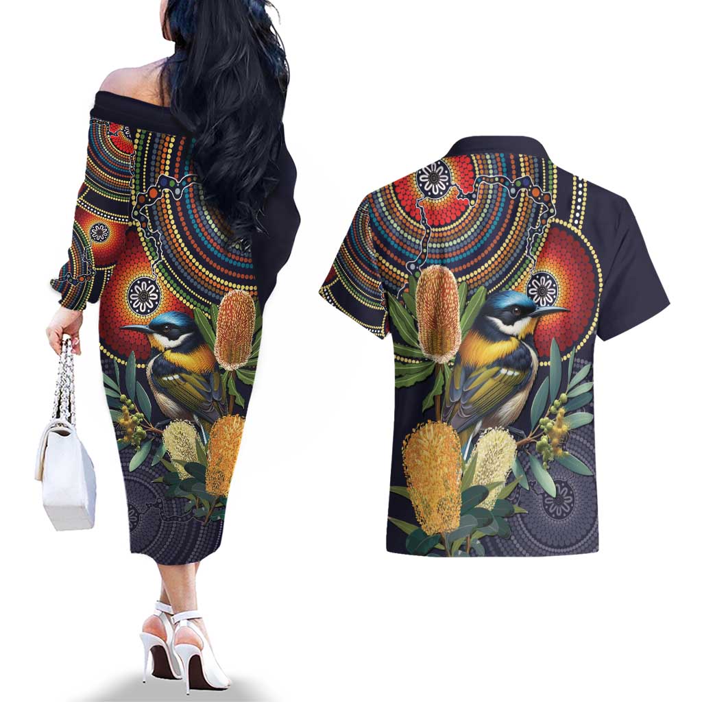 Aussie Honeyeaters Banksia Flowers Couples Matching Off The Shoulder Long Sleeve Dress and Hawaiian Shirt Aboriginal Dots Painting