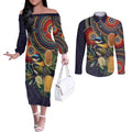 Aussie Honeyeaters Banksia Flowers Couples Matching Off The Shoulder Long Sleeve Dress and Long Sleeve Button Shirt Aboriginal Dots Painting
