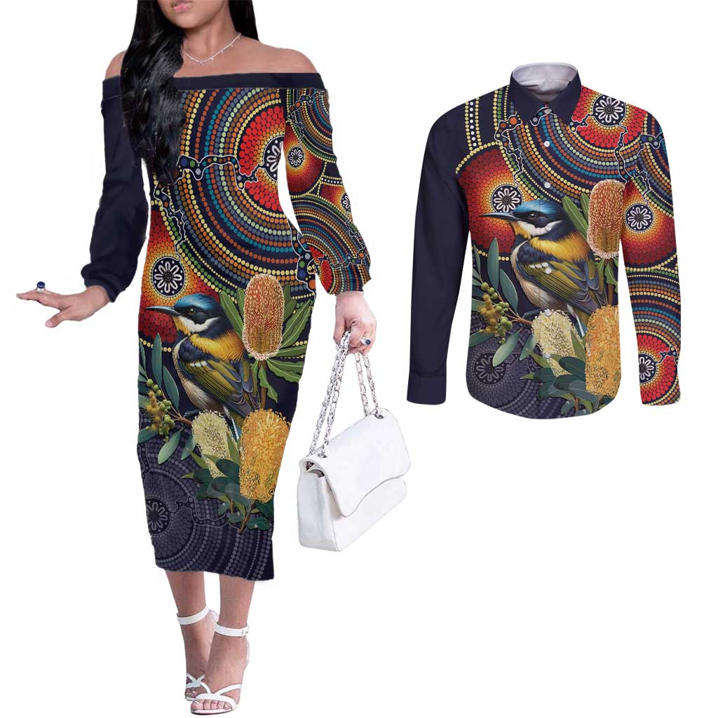 Aussie Honeyeaters Banksia Flowers Couples Matching Off The Shoulder Long Sleeve Dress and Long Sleeve Button Shirt Aboriginal Dots Painting