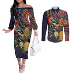 Aussie Honeyeaters Banksia Flowers Couples Matching Off The Shoulder Long Sleeve Dress and Long Sleeve Button Shirt Aboriginal Dots Painting