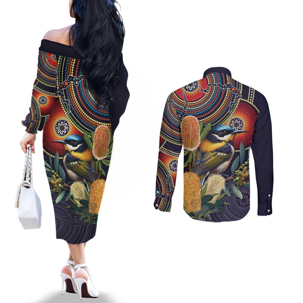 Aussie Honeyeaters Banksia Flowers Couples Matching Off The Shoulder Long Sleeve Dress and Long Sleeve Button Shirt Aboriginal Dots Painting