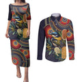 Aussie Honeyeaters Banksia Flowers Couples Matching Puletasi and Long Sleeve Button Shirt Aboriginal Dots Painting