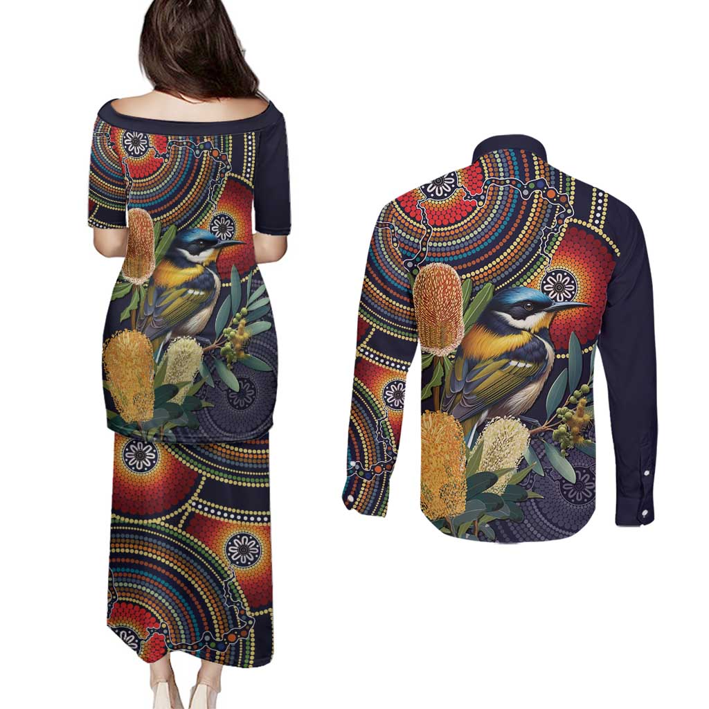 Aussie Honeyeaters Banksia Flowers Couples Matching Puletasi and Long Sleeve Button Shirt Aboriginal Dots Painting