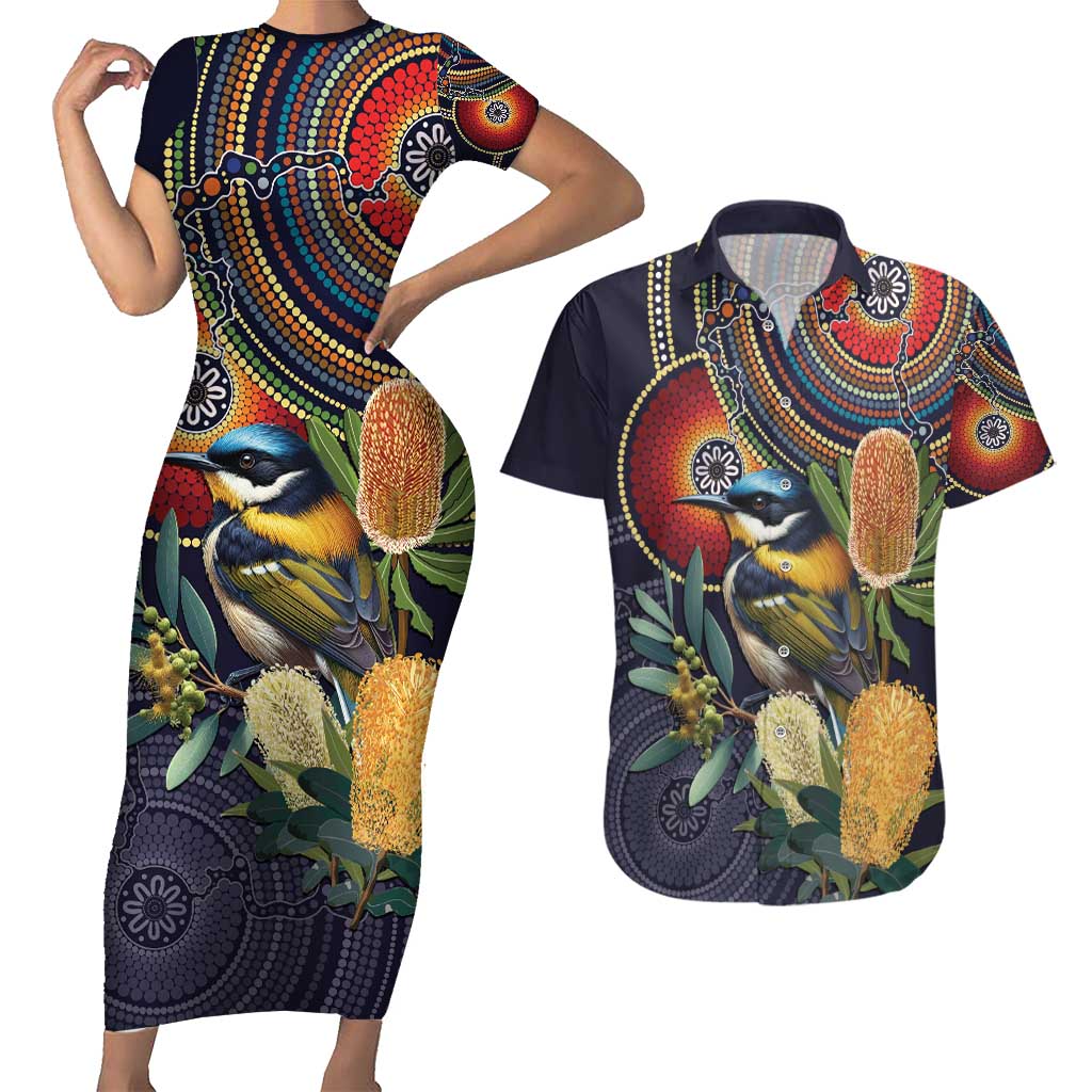 Aussie Honeyeaters Banksia Flowers Couples Matching Short Sleeve Bodycon Dress and Hawaiian Shirt Aboriginal Dots Painting