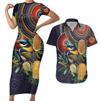 Aussie Honeyeaters Banksia Flowers Couples Matching Short Sleeve Bodycon Dress and Hawaiian Shirt Aboriginal Dots Painting